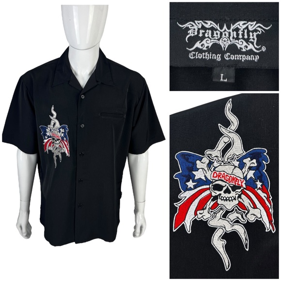 dragonfly Other - Dragonfly Mens Large Shirt Button Front Black Embroidered Skull Flag Vintage